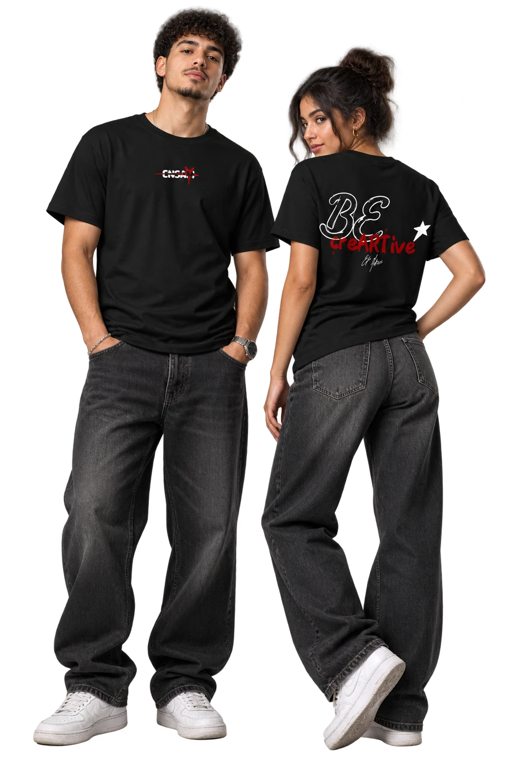 Two models wearing the front and back of the Be creART(et métiers)ive T-shirt