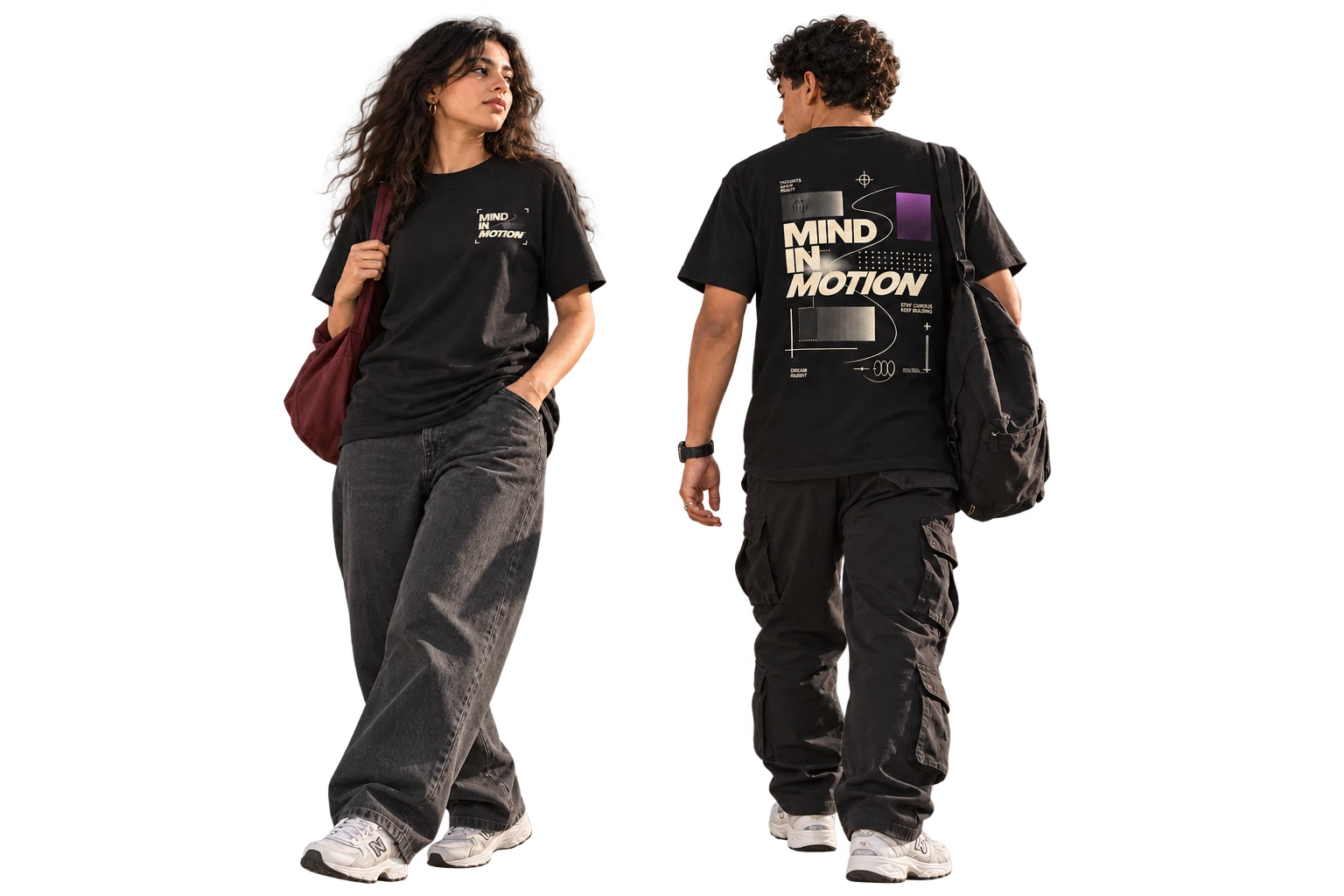 Two models wearing the front and back of the MIND IN MOTION T-shirt