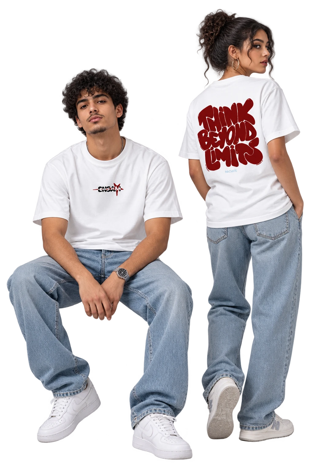 Two models wearing the front and back of the Think Beyond Limits T-shirt